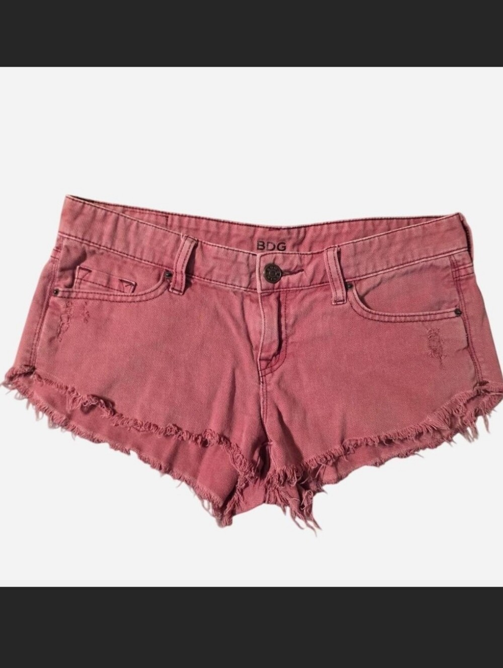BDG Low-Rise Rose Pink Frayed Denim Cutoff Shorts. 100% Cotton